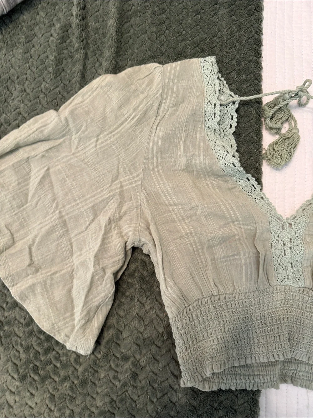 Timing Sage Green Lace-Trim Smocked Crop Top